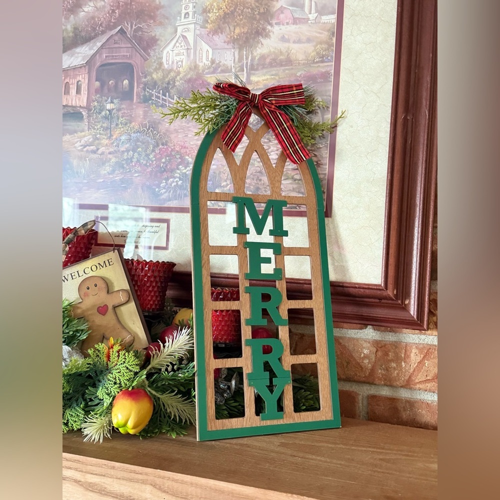 MERRY Wooden Holiday Sled Sign - Green and Natural